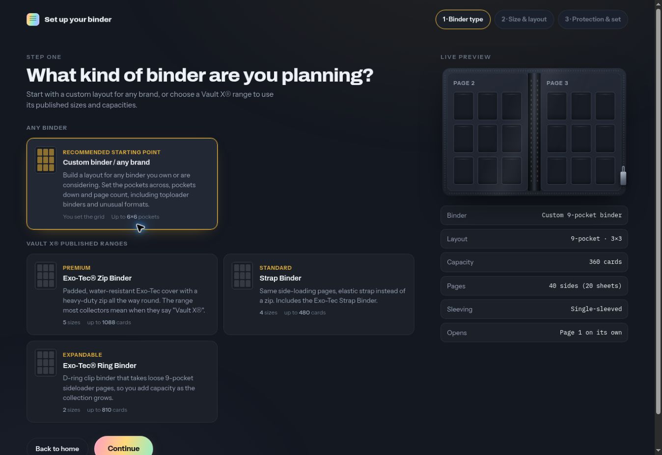 Binder setup wizard showing the language and binder choice step