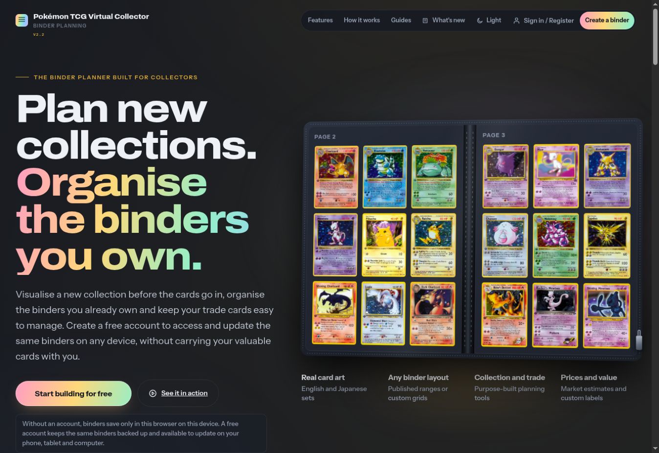 The redesigned Pokémon TCG Virtual Collector homepage showing a vintage collection binder and current planning features