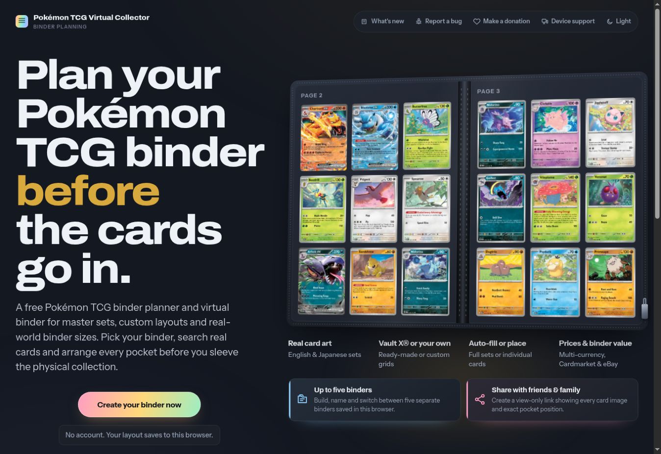 Pokémon TCG Virtual Collector homepage showing the interactive binder preview and planner features
