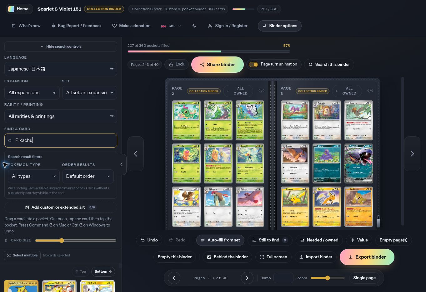 The current binder workspace with Japanese selected and an English Pikachu search returning Japanese cards